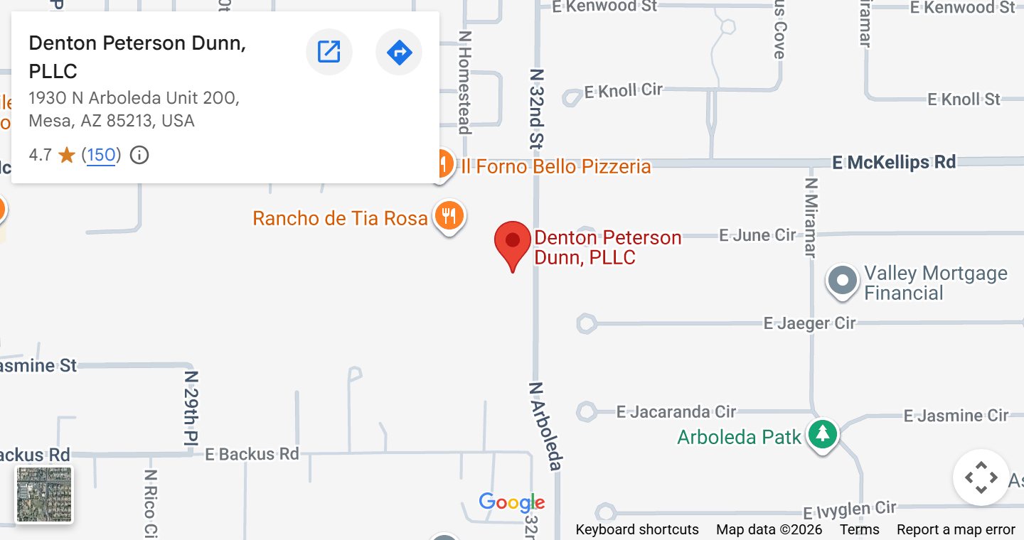 Map to Denton Peterson, P.C., 1930 N Arboleda #200, Mesa AZ 85213